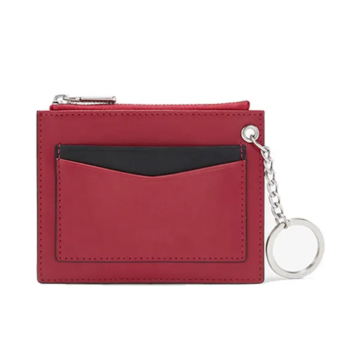 Customize luxury genuine leather zipper credit card holder wallet with keyring/keychain