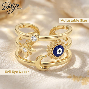 Anillo Bohemio Ojo Turco Luna Estrella Chapado en Oro 14K con Zirconia, Anillo de Moda Ajustable de Banda Abierta, Joyería para Mujer - Product Image 5