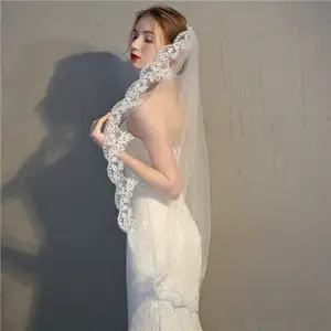 QS طبقة واحدة مع مشط حجاب الزفاف الرائعة الدانتيل الديكور أبيض قصير حجاب الزفاف اكسسوارات للنساء