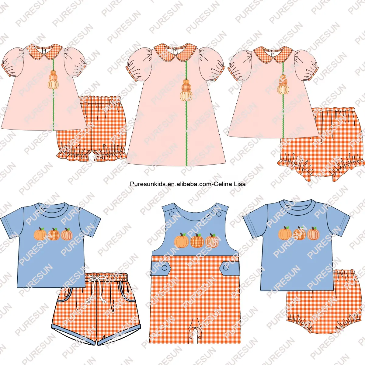 Individuelle Boutique-Kinderkleider Halloween kürbis Applique Mädchen Shorts-Set Baby-Mädchen Herbst Geschwisterkleidung