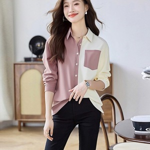 Blus Kantor Wanita Gaya Korea Longgar Elegan, Warna Blok, Hiasan Saku, Lengan Panjang - Product Image 2
