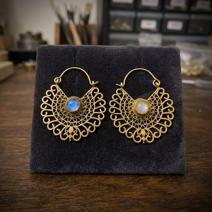 Women's Boho Brass Earring with Moonstone Hoop Gift for Parties <b>Weddings</b> or Engagements - Product Image 1