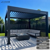 Pergola en aluminium Jiake avec persiennes d'intimité et table de jardin, toit à persiennes réglables coupe-vent pour terrasse extérieure