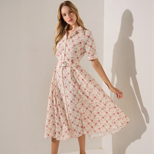Robe chemise de luxe en gros, nouvelle collection, motif <span class=keywords><strong>floral</strong></span> crème et rouge, taille haute, coupe ajustée, vêtements pour femmes, logo personnalisé en gros - Product Image 5