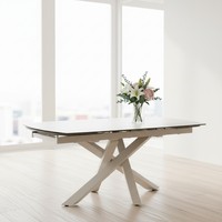 Table à manger moderne de luxe en verre superposé et travertin, style nordique, avec pieds en métal, pliable et gain de place