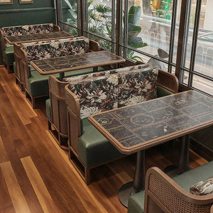 Cabina de restaurante comercial verde oscuro Retro XZY, juego de sofá de Banco medio redondo para 4-6 asientos para espacios de comedor temáticos occidentales asiáticos - Product Image 2