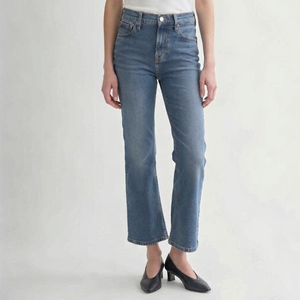 Jean en denim évasé taille haute personnalisé Leduo pour femme, bleu moyen, extensible, décontracté, coupe cheville - Product Image 3