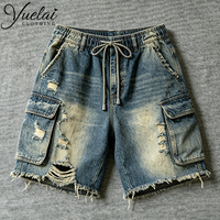 Shorts cargo en jean pour hommes, 100% coton, de haute qualité, avec logo personnalisé, bords bruts, effet usé, style streetwear hip-hop, fabriqués par un fabricant.