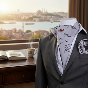 Exclusivo Juego de Pañuelos Ascot de Seda 100% Estilo Británico en Gris con Estampado de la Ciudad de Estambul, Accesorio Elegante para Trajes de Negocios - Product Image 3