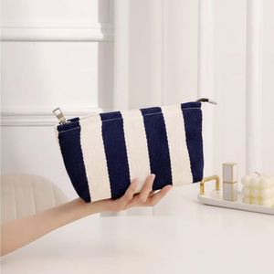 Custom Classic Striped Canvas Women's Eco-Friendly Large Foldable Cosmetic Pouch Zipper Portable <b>Storage</b> for Travel Makeup - Product Image 1