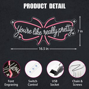 Insegna al Neon 'You're Like Really Pretty', Luce LED a Forma di Farfalla per Decorazione Murale, Decorazione Camera da Letto per Ragazze, Insegne al Neon Personalizzate - Product Image 5