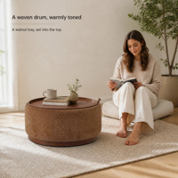 Pouf rond en chenille caramel, table basse rembourrée avec plateau en bois et base en bois, siège pour salon