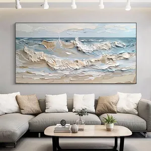 Peinture acrylique sur toile abstraite moderne de taille personnalisée, beige naturel, blanc, <span class=keywords><strong>bleu</strong></span>, vagues océaniques, décoration murale pour la maison, salon - Product Image 1