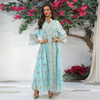 Robe longue musulmane pour adultes, style vintage, imprimé floral, en polyester respirant, en mousseline de soie, col montant, manches longues, kaftan maxi