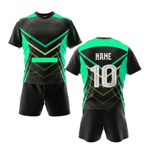 Custom Sublimated Rugby Jersey Set Black Green Geometric Print Quick Dry Unisex Adult Short Sleeve Athletic Fit - Product Image 1