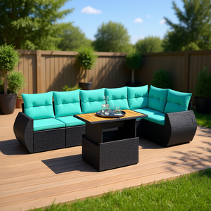 Juego de sofás de patio de ratán sintético negro de 7 piezas con cojines, muebles de exterior, asientos de diseño contemporáneo para 7 personas - Product Image 2