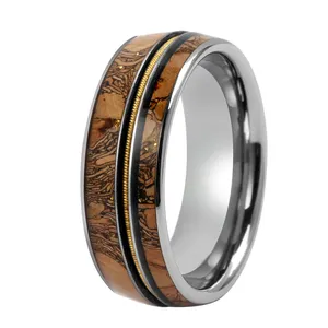 8mm tungsten carbide Inlay whiskey wood and guitar gold strings ring for men wedding band bague de fiancailles