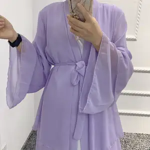 Laag Chiffon Solid Open Abaya Kimono Dubai Turkije Kaftan Vest Moslim Jurken Voor Vrouwen Islamitische Kleding