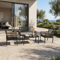 Ensemble de canapé d'extérieur moderne et confortable en acier, 4 pièces, noir, en rotin tressé, avec 2 fauteuils et accoudoirs en WPC pour jardin