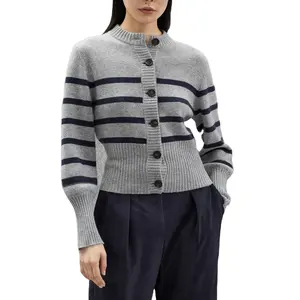 Custom nautical style stripe pattern ribbed hem women button cashmere cardigan sweater