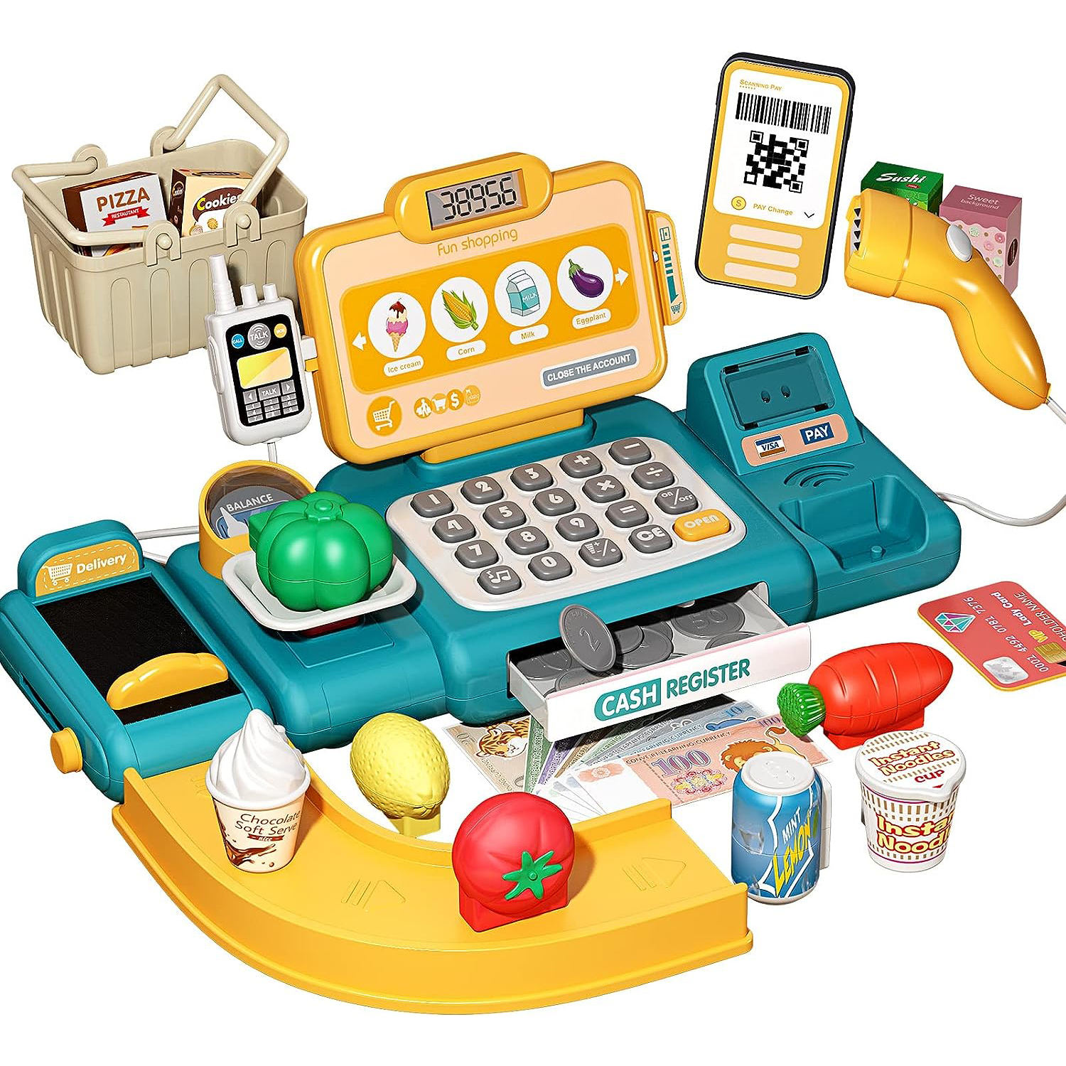 36PCS Cash Register Toy Play Set Pretend Play Money for Kids Calculator  Cash Registers Plastic Toys with Scanner Microphone