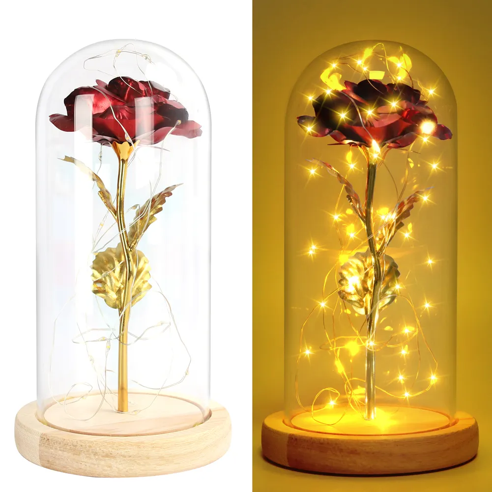 MACTING Gold Aluminum Foil Artificial Rose Inside Glass Dome Valentines Day Gifts Flowers In Glass Dome For Love Home Decor