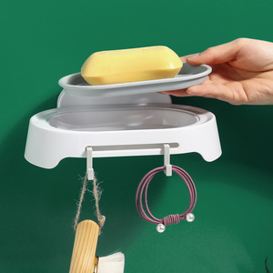 Soap <b>Dish</b> Holder Wall Mount Plastic Drain <b>Rack</b> Pink Minimalist Design Bathroom Soap Tray With Hooks For Storage - Product Image 4