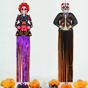 Décoration de fête d'Halloween en gros pour la maison et le jardin, pendentif à pampilles tête de mort du Jour des Morts, ornement de porte à suspendre, tête de mort peinte - Product Image 6