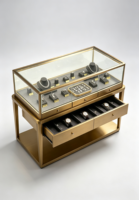 Vitrine de présentation de bijoux vintage en acier inoxydable doré avec tiroir de rangement, armoire en verre ultra-transparent avec éclairage LED intégré, design arrondi