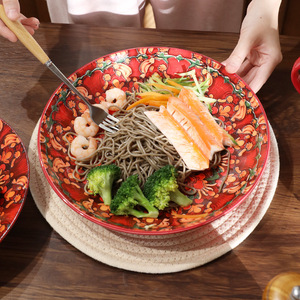 Bohemian Plant Pattern Microwave Safe Round Dinnerware Plates Bowls Set for Wedding Birthday Celebrations-Bohemian Red Design - Product Image 4