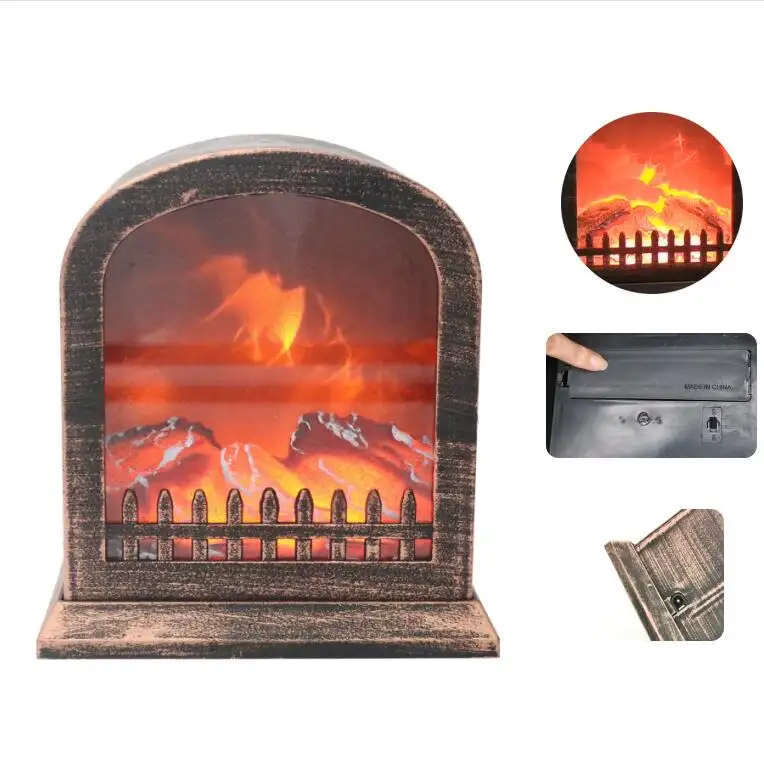 JHD0200308 Decorative Lantern Plastic Led Fireplace Lantern Decorative with Jumping Flame Effect Powered by Batteries and USB
