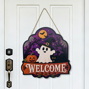 Meilleure Vente Décoration de Porte d'Accueil en Bois pour Halloween : Fantôme avec Chapeau de <span class=keywords><strong>Sorcière</strong></span>, Citrouille et Chat Noir – Panneau Suspendu pour la Maison - Product Image 5