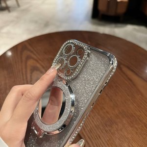 Staffa magnetica placcato cassa del telefono per <span class=keywords><strong>iPhone</strong></span> 16 15 14 13 12 Pro Max <span class=keywords><strong>11</strong></span> Glitter specchietto <span class=keywords><strong>Cover</strong></span> del telefono con supporto - Product Image 4