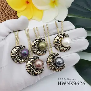 Hawaiian Half Moon Gold Plated Pendant Necklace Scroll Pearl Set Cooper Necklace Jewelry Set