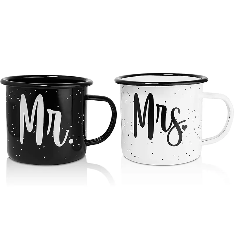 Mr and Mrs couple wedding mugs enamel coated stainless steel camping mugs His and Hers
