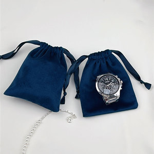 Pochette à bijoux en velours épais bleu foncé avec cordon de serrage, sac cadeau en velours doux de luxe pour collier, bracelet, emballage, logo personnalisé accepté - Product Image 3