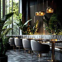 Ensemble de mobilier de café moderne de luxe, canapé en cuir gris, banquette, table à manger en marbre et chaises pour restaurant et café