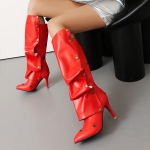 Bottes pointues à talons aiguilles super hauts pour femmes, style automne-hiver, avec bouton, design double portée, pour filles tendance - Product Image 4