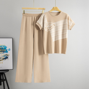 Ensemble de chandails en tricot pour femmes, été, manches courtes, pantalon ample, deux pièces, vêtements décontractés tendance - Product Image 1