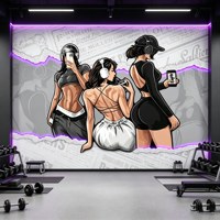 Papier peint mural personnalisé géométrique moderne pour salle de sport, illustration femme fitness, bleu électrique, effet graffiti, pour salle de sport commerciale