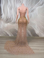 Robe de soirée Ocstrade transparente en maille nude avec strass dorés et motifs floraux, bretelles spaghetti, fente haute et franges, idéale pour les spectacles sur scène