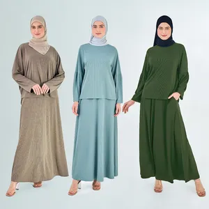 कस्टम मुस्लिम महिलाओं के लिए 2 पीस रिब निट टॉप और स्कर्ट फैशन मुस्लिम सूट इस्लामिक कपड़े