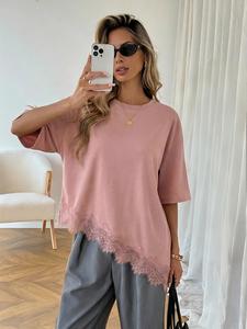 <span class=keywords><strong>T</strong></span>-<span class=keywords><strong>shirt</strong></span> da donna con orlo asimmetrico irregolare, patchwork in pizzo, manica corta, vestibilità ampia, taglie forti, girocollo casual, elegante, personalizzabile, all'ingrosso - Product Image 5
