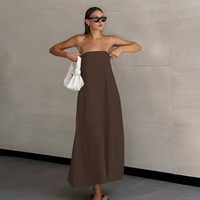 Robe tube mi-longue décontractée d'été en coton et lin avec logo personnalisé, dos ouvert, sans bretelles, dos nu, poche latérale, vêtements pour femmes