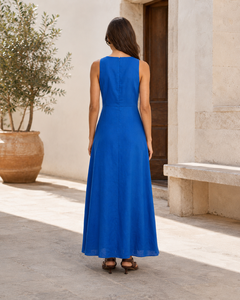 Vestido Elegante de Lino Azul para Mujer, Sin Mangas, Corte Maxi, para Vacaciones o Uso Diario, en Oferta - Product Image 2