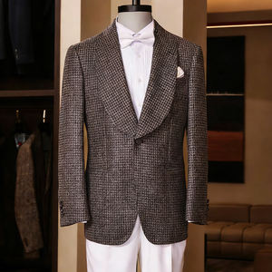 <span class=keywords><strong>Blazer</strong></span> a <span class=keywords><strong>Cuadros</strong></span> Marrón Tierra para Hombre, Traje con Cuello Chal, Corte Entallado de Lana, Estilo Personalizado para Eventos Sofisticados - Product Image 2