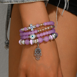 European Style Women's Purple <b>Beaded</b> Bracelet <b>Set</b> With Cross Evil Eye And Hamsa Hand Charm Jewelry For Fashion Wear - Product Image 1