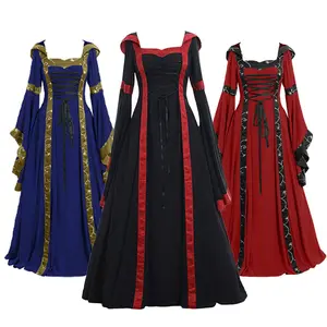 Ropa De Mujer Medieval Retro Hooded Dress Square Neck Flared Sleeves Swing Dress Halloween Costume Maxi Dress Plus Size