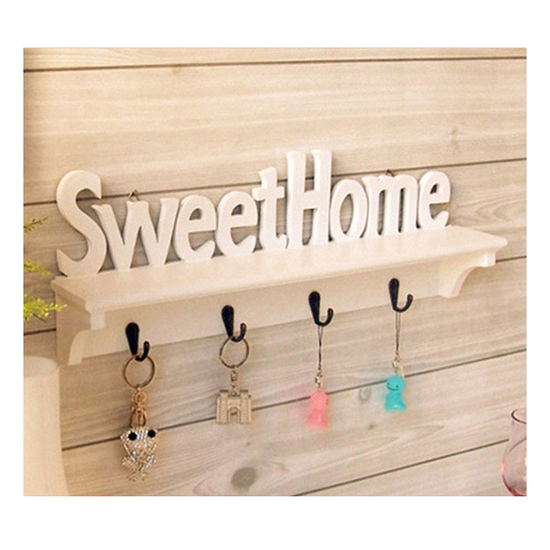 JX- Wall mounted key holder decorative shelf rustic Key Hanger with 4 hooks floating storage shelf home sweet home sign white