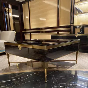 Ev oturma odası mobilya meşe katı modern ahşap temperli cam siyah ve altın sehpa depolama merkezi sehpa